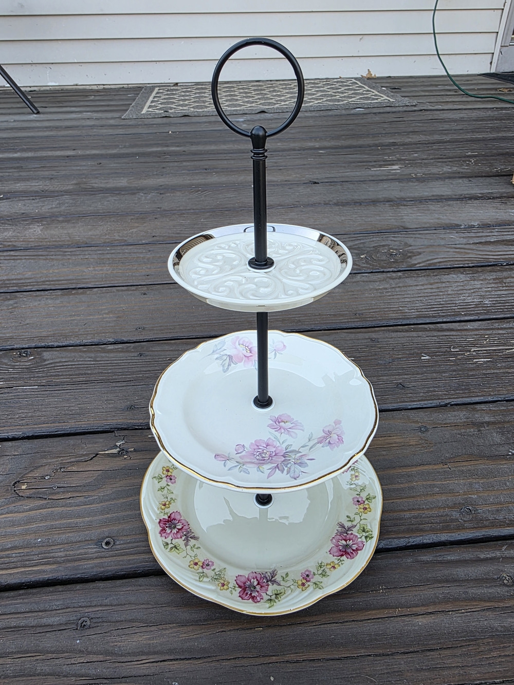 Three-Tier Floral Porcelain Serving Stand - White and Pink